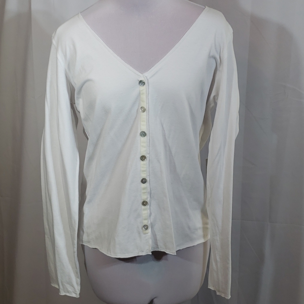 NWT Eileen Fisher White Cotton V-neck LS Top Small
